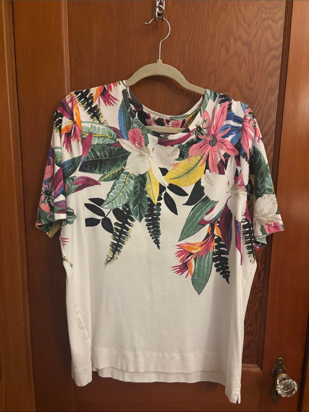 Chico's Cream Top with Multicolor Tropical Print
